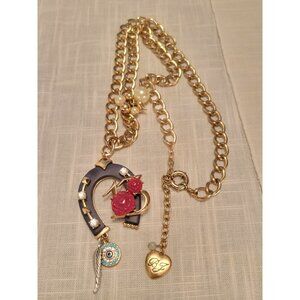 Vintage BJ Betsey Johnson Charm Necklace W/ Horseshoe & Rose Pendant 24"